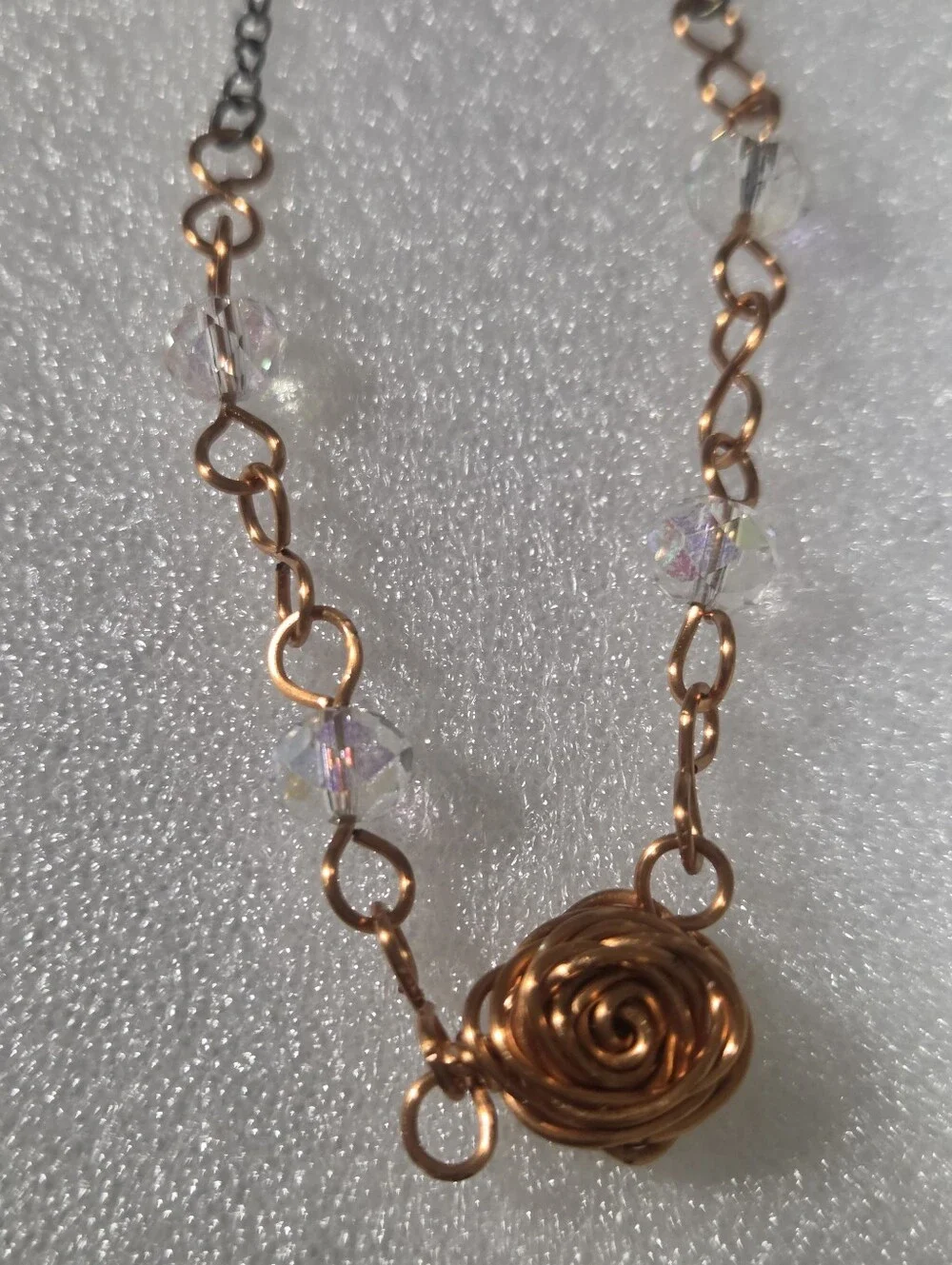 Handcrafted Copper Rose Necklace with Clear Crystal Accents